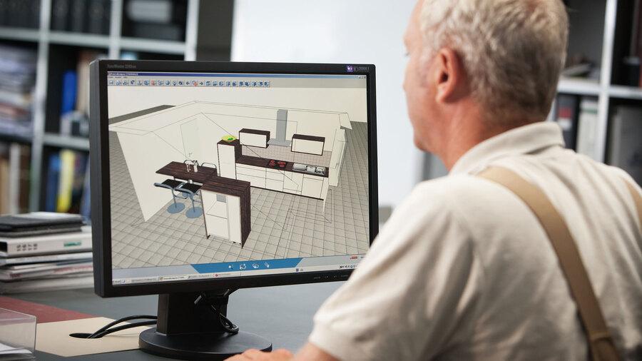 Planungsdarstellung einer Küche in 3D am Computer durch #Branche1#